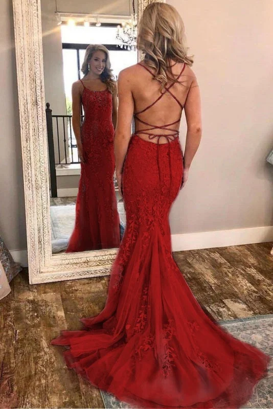 evening dress with floral print-Latest Excellent Sleek Red Spaghetti Strap Mermaid Prom Dresses with Lace Appliques Backless Formal Dress