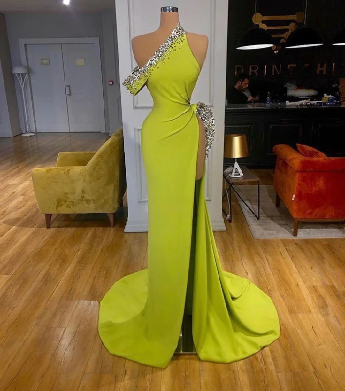 velvet evening gown-Lemon Green Prom Dresses Evening Gown with Slit Side