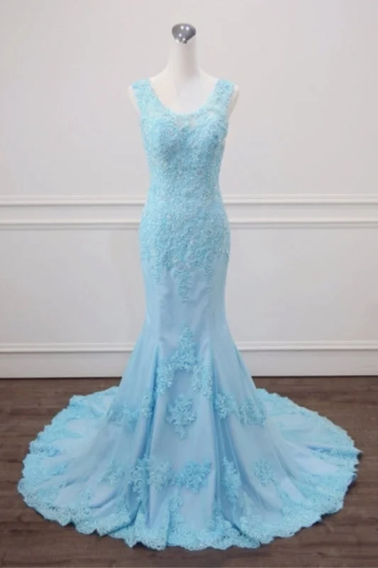 evening dress with lace overlay-Light Blue Lace Beaded Mermaid Appliques Senior Prom Dress