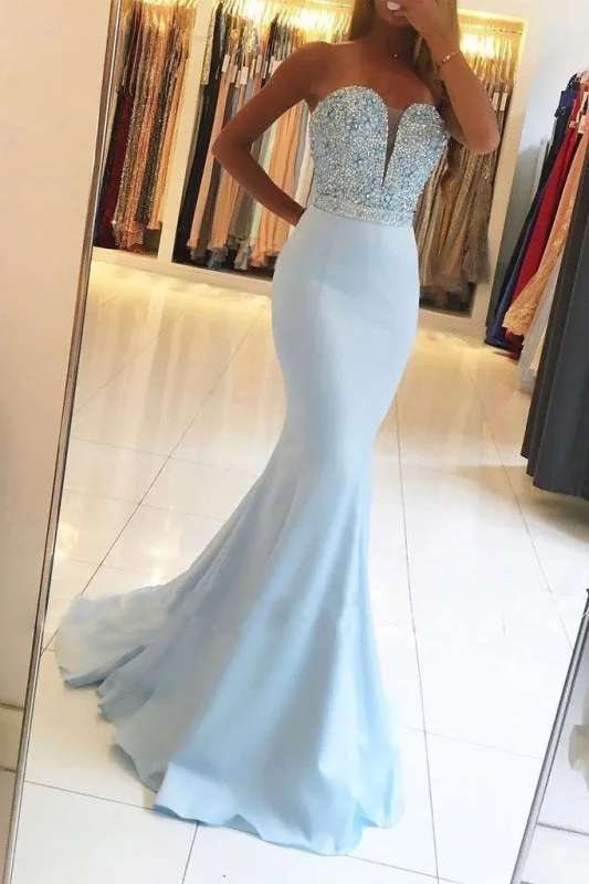 evening dress with lace sleeves-Light Blue Mermaid Strapless Beading Sleeveless Sweep Train Prom Dresses