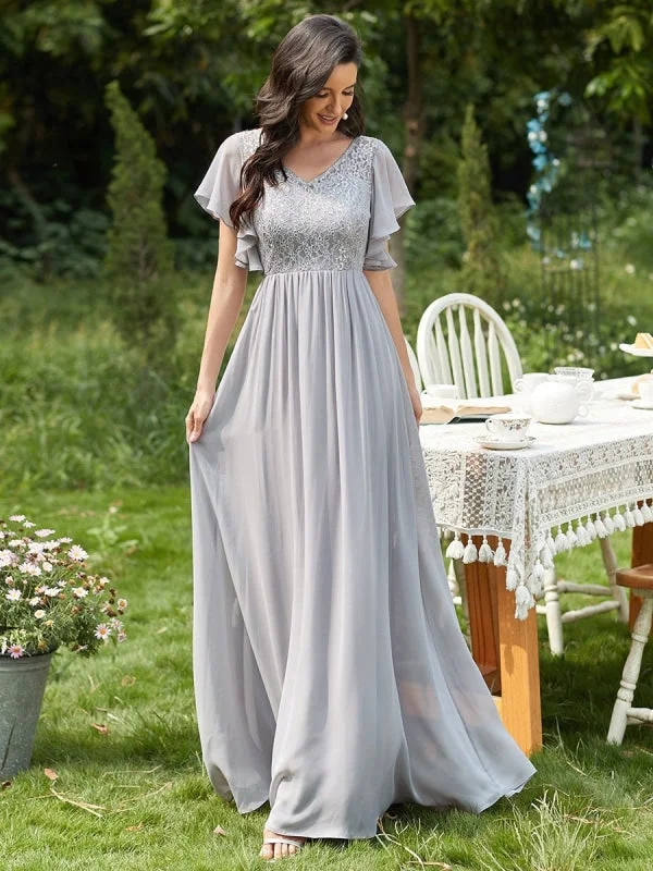 asymmetrical evening dress-Light Grey Prom Dress A-Line V-Neck Lace Short Sleeves Chiffon Lace Long Party Dresses