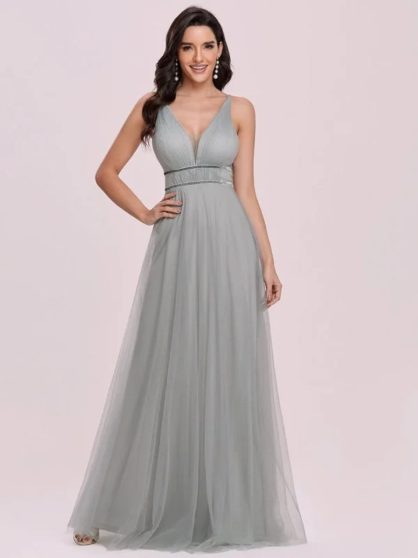 evening dress for bridesmaids-Light Grey Prom Dress A-Line V-Neck Tulle Sleeveless Sash Long Wedding Guest Dresses