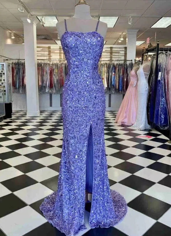 sparkling evening dress-Light Lavender Prom Dresses Slit