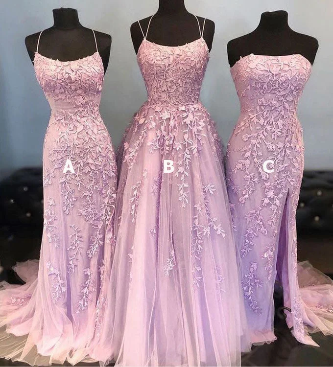 evening dress with appliques-Light Lavender Tulle Prom Dresses with Appliques