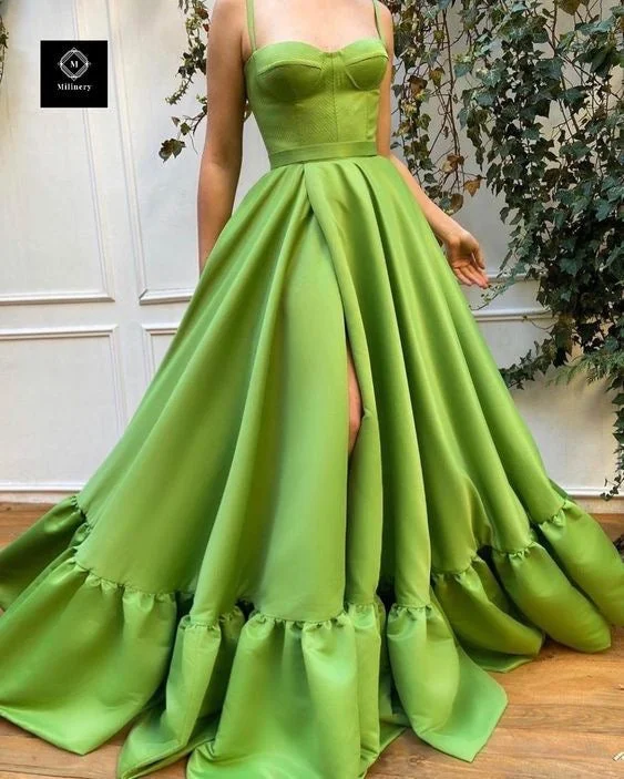 evening dress with sequins-Light Olive Green Long Split Prom Dresses