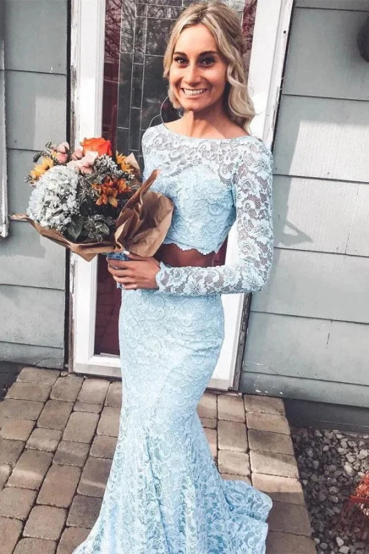 evening dress with sleeves-Light Sky Blue Sleeves Mermaid Two Piece Prom Dresses Lace Evening Dress