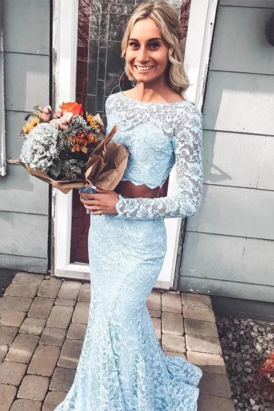 evening dress with train-Light Sky Blue Sleeves Mermaid Two Piece Prom Dresses Long Lace Evening Dress