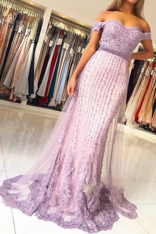 evening gown for women-Lilac Off the Shoulder Mermaid Prom with Appliques Charming Beaded Evening Dress