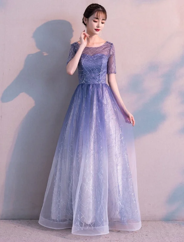 evening dress with cape-Long Prom Dresses Ombre Tulle Sequin Half Sleeve Formal Evening Dress