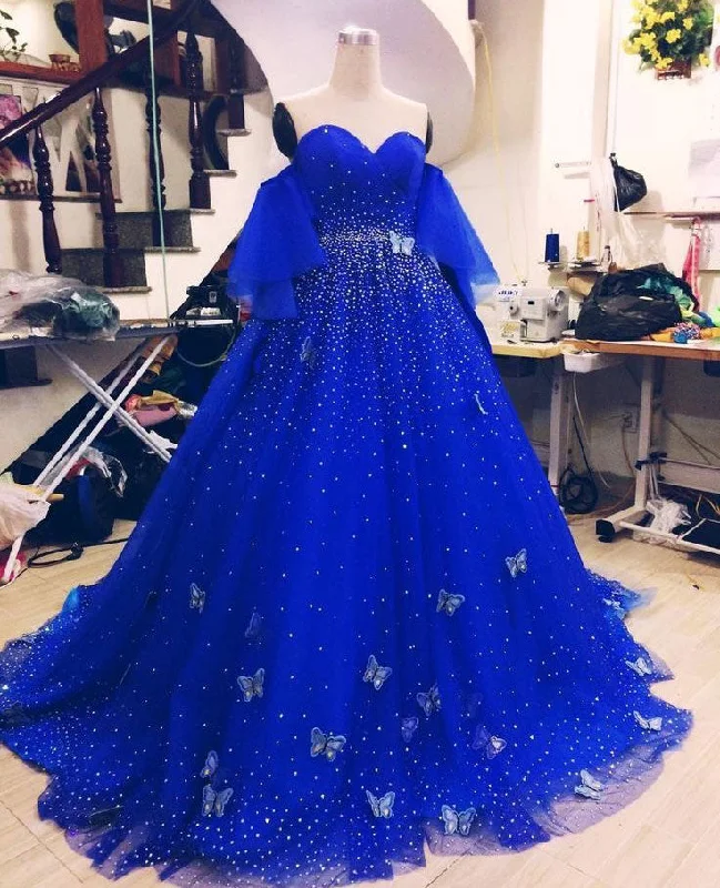 chiffon evening dress-Long Royal Blue Prom Dresses with Butterflies