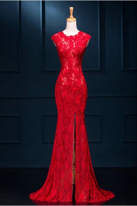 formal black evening dress-Long Pretty Red Lace Pretty Split Mermaid Prom Evening Dresses