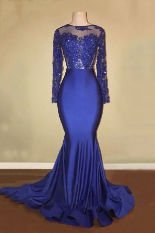 halter neck evening dress-Long Sleeve Lace Backless Royal Blue Mermaid Prom Dress