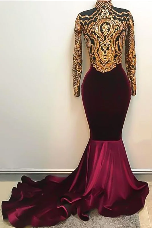 high-low evening dress-Long Sleeve Sequins Burgundy Mermaid Velvet Prom Dress