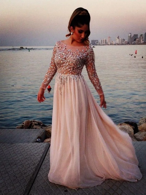 modern evening dress-Long Sleeves A-line/Princess Bateau Beading Floor-length Chiffon Dress