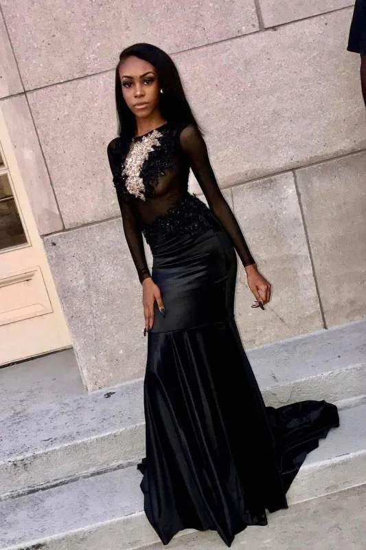 black evening dress-Long Sleeves Lace Appliques Jewel Floor Length Prom Dresses