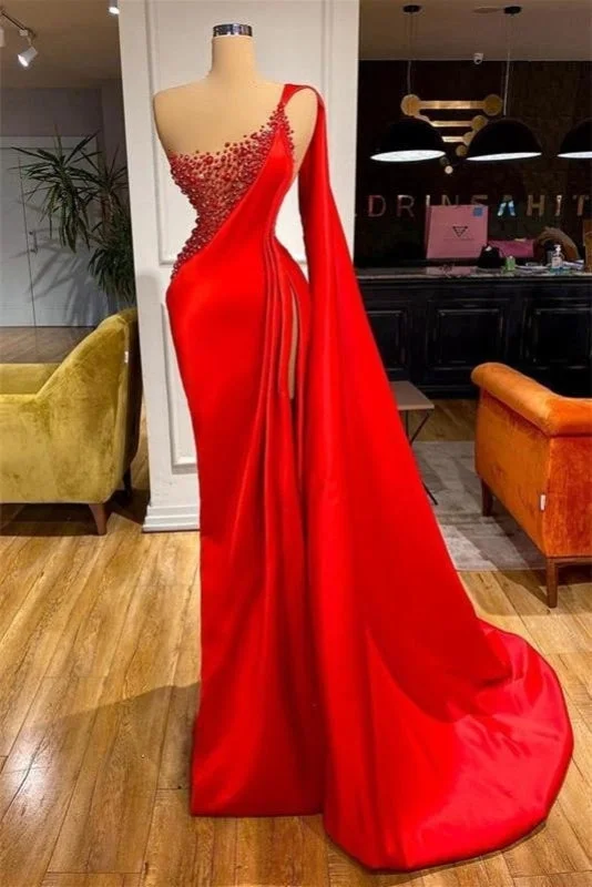 plus size evening gown-Luxurious  Red Sleeveless Mermaid Evening Dress with Split