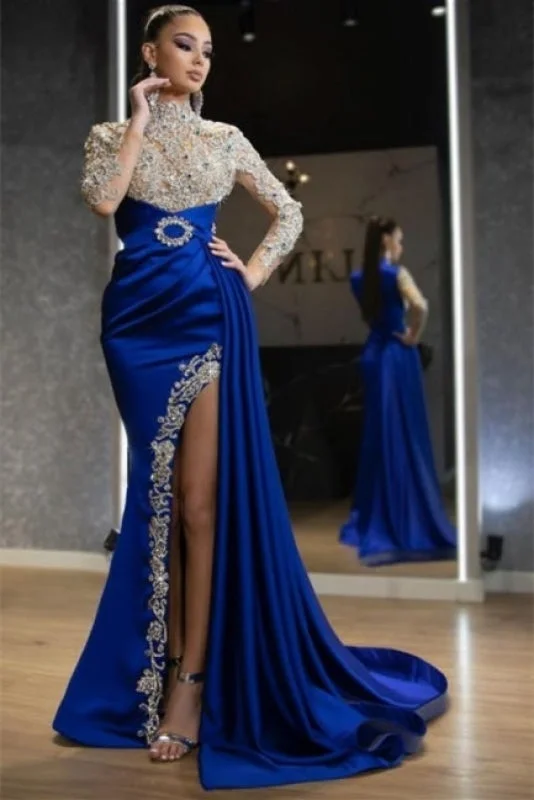 long evening dress-Luxury Halter Royal Blue Satin Mermaid Prom Dress Crystals Gold Appliques Party Dress with Long Sleeves