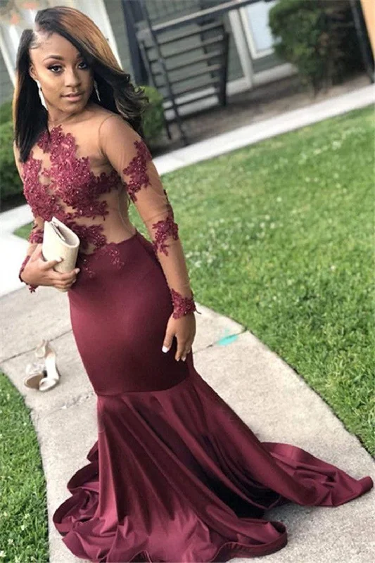 evening dress with lace sleeves-Maroon Prom Dresses Mermaid Evening Gown with Appliques