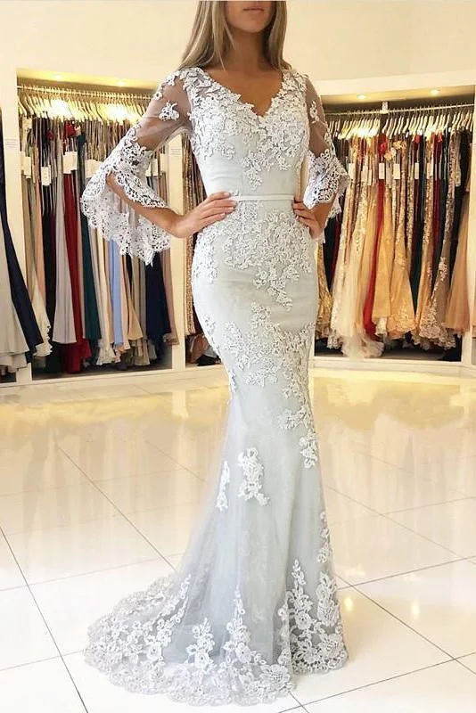 elegant tulle evening dress-Marvelous Marvelous Precious White V Neck Long Prom Mermaid Lace Appliqued Evening Dress with Sleeves