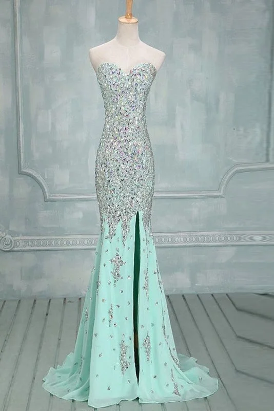 evening dress for bridesmaids-Mermaid Beaded Mint Front Split Long Prom Dress Evening Dresses