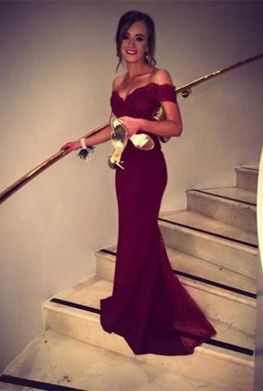 evening dress for weddings-Mermaid Burgundy Off-the-Shoulder Chiffon Lace Prom/Evening Dress