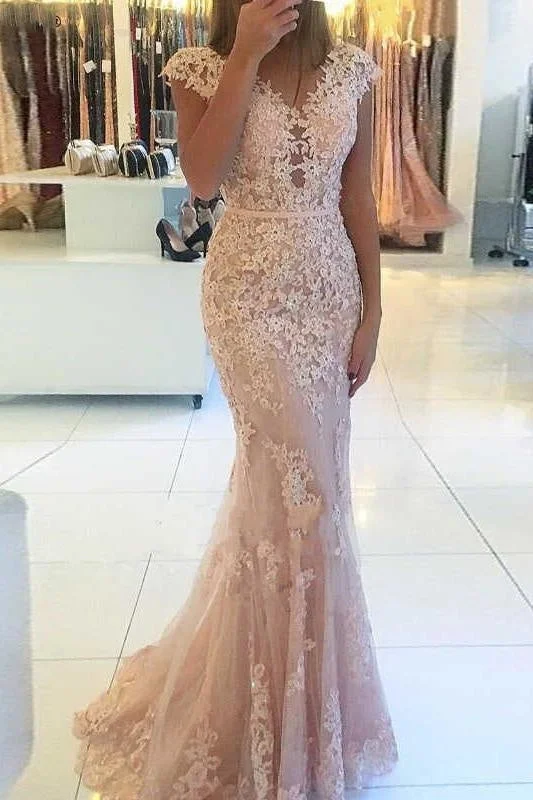 evening dress with back detail-Mermaid Cap Sleeves Tulle Prom with Lace Appliques Long V Neck Evening Dress