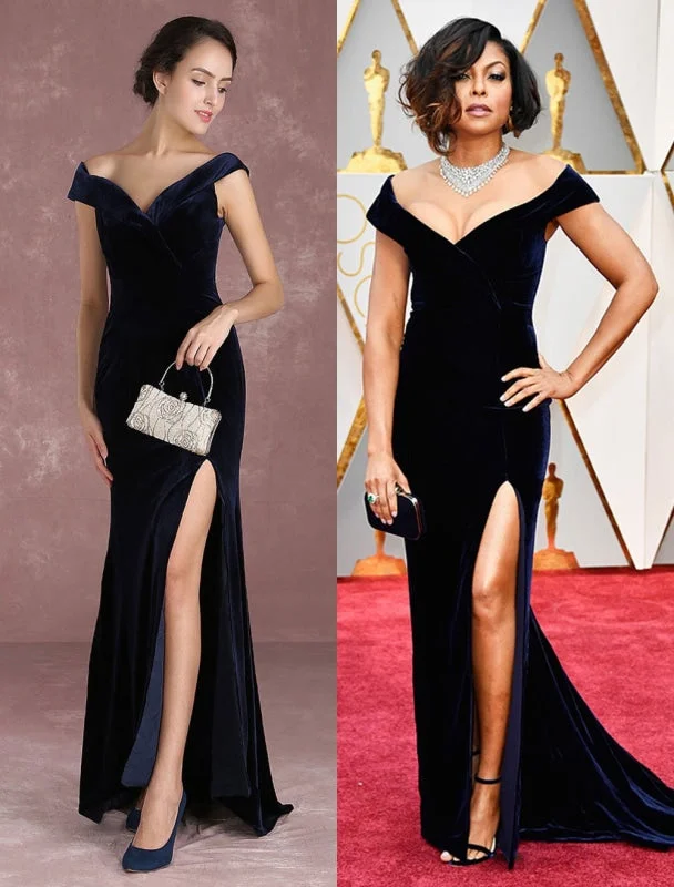 sweetheart neckline evening dress-Mermaid Celebrity Dresses Velvet Off The Shoulder Evening Dress Dark Navy Slit Party Dress With Train Inspired By Taraji P. Henson At Oscar Milanoo