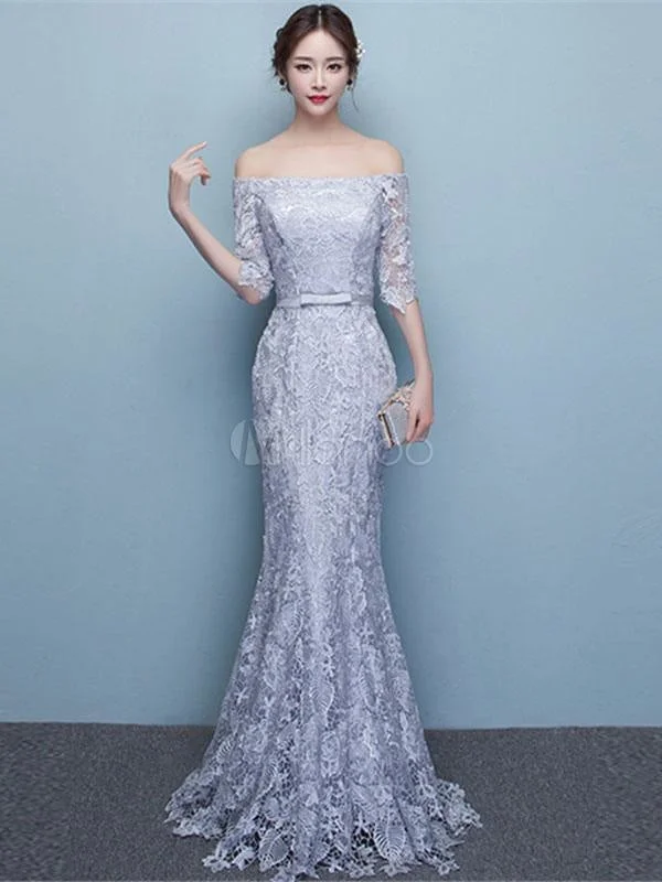 elegant evening gown-Mermaid Evening Dress Lace Off The Shoulder Party Dress Silver Half Sleeve Floor Length Occasion Dress With Bow Sash Wedding Guest Dress