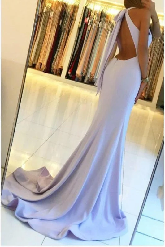 evening dress with lace overlay-Mermaid Jewel Backless Sleeveless Split Long Prom Dress With Bowknot Keyhole