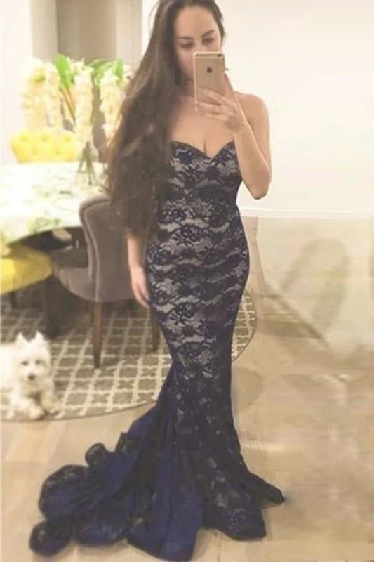 formal black evening dress-Mermaid Navy Blue Lace Sweetheart Prom Strapless Evening Dress