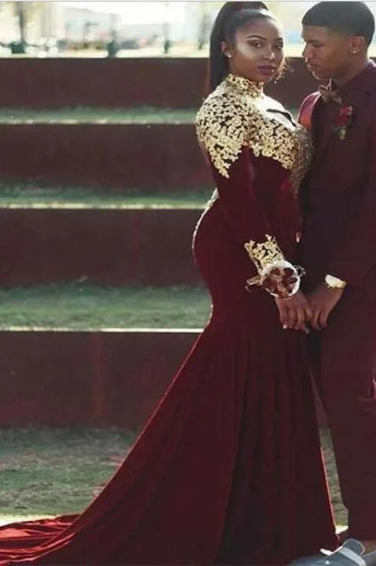 glamorous evening dress-Mermaid Plus Size High Neck Prom with Gold Appliques Burgundy Long Sleeve Dress