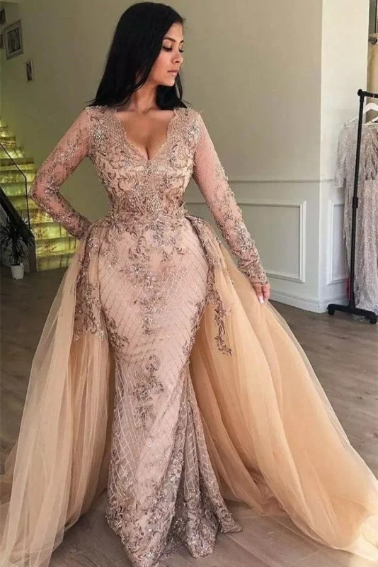 sequined evening dress-Mermaid V-neck Long Sleeves Prom Dresses with Detachable Skirt Lace Appliques Party Dress