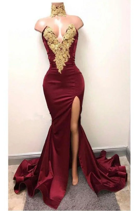 evening dress for prom-Modest Fascinating Precious Burgundy V Neck Sleeveless Mermaid Prom with Gold Appliques Long Evening Dress