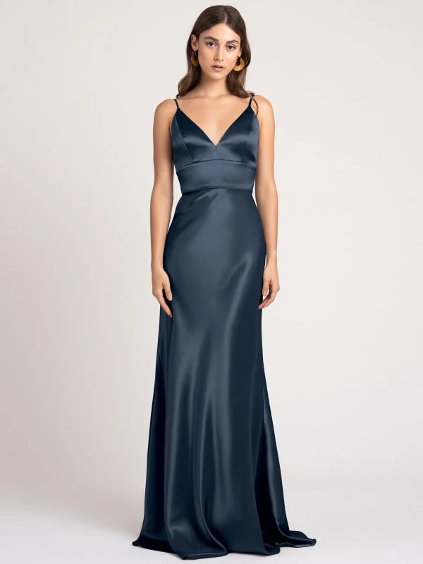 sleeveless evening dress-Navy Blue Evening Dress A-Line V-Neck Floor-Length Sleeveless Backless Matte Satin Formal Party Dresses