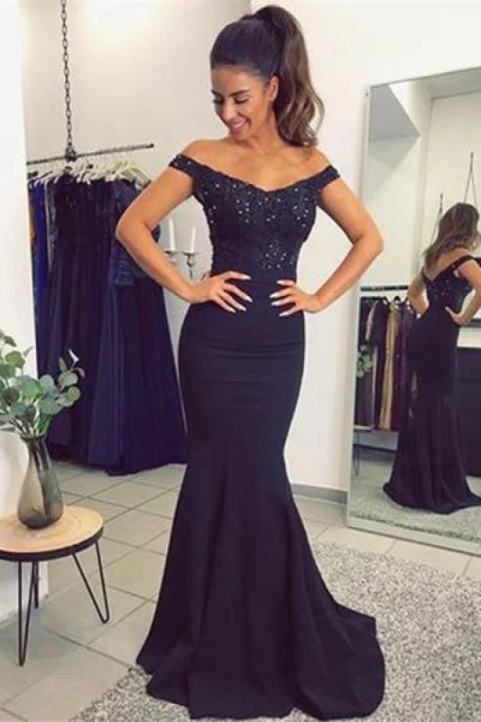 evening dress with crystals-Navy Blue Off The Shoulder Mermaid Stretch Evening Dresses with Lace Beads