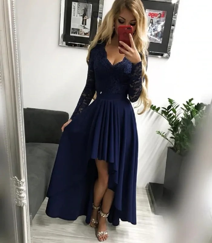 long evening dress-Navy Blue Prom Dresses Hi Low