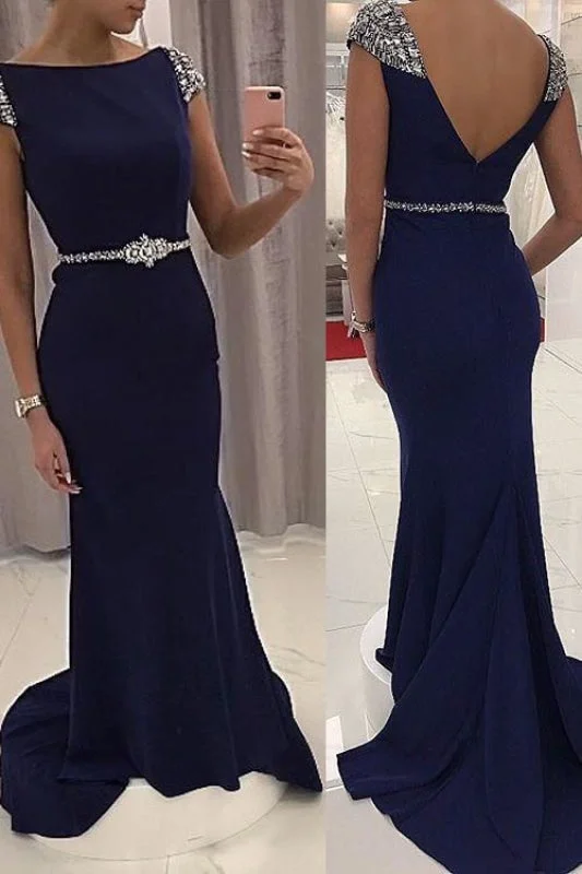 evening dress with floral print-Navy Blue Sequined Fitted Cap Sleeve Mermaid Prom Dress Formal Gown