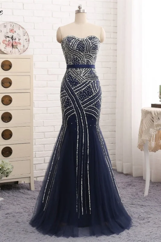 evening dress with jacket-Navy Blue Tulle Sequins Strapless Long Mermaid Prom Dress