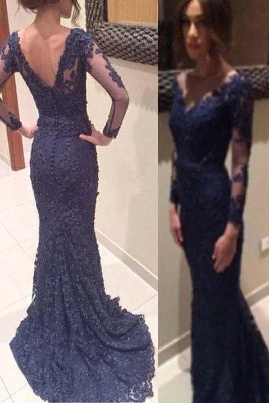 evening dress with lace overlay-New Arrival Dark Navy Lace Mermaid Long Prom Dress