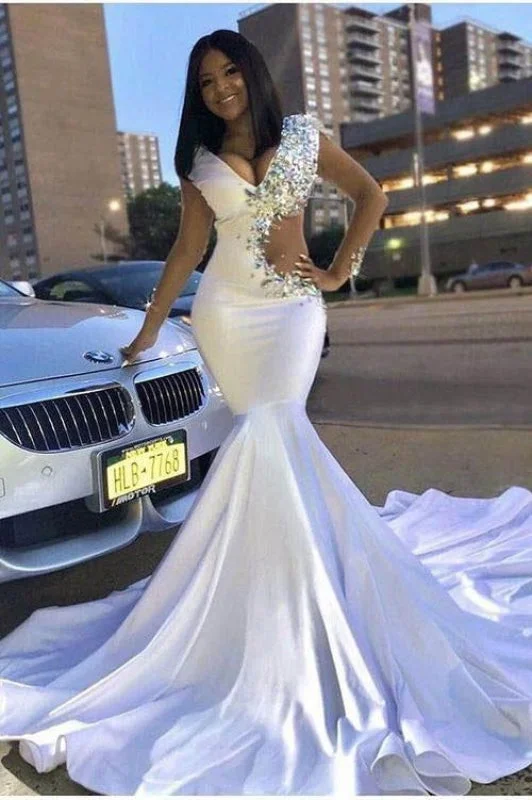 evening dress with open back-New Crystals Cutout V-neck White Mermaid Prom Dress