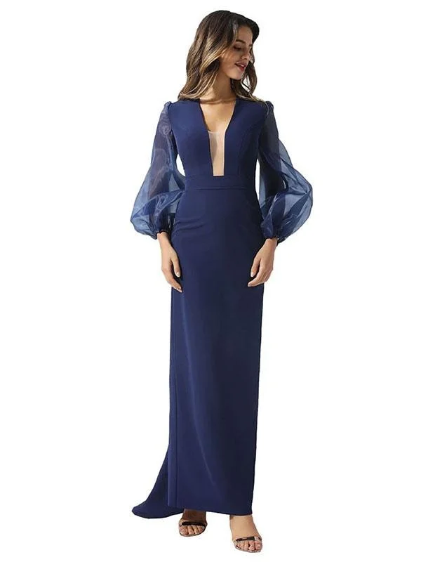 draped evening dress-New Evening Dress Navy Blue Mermaid V Neck With Train Long Sleeves Zipper Sash Stretch Crepe Social Party Dresses