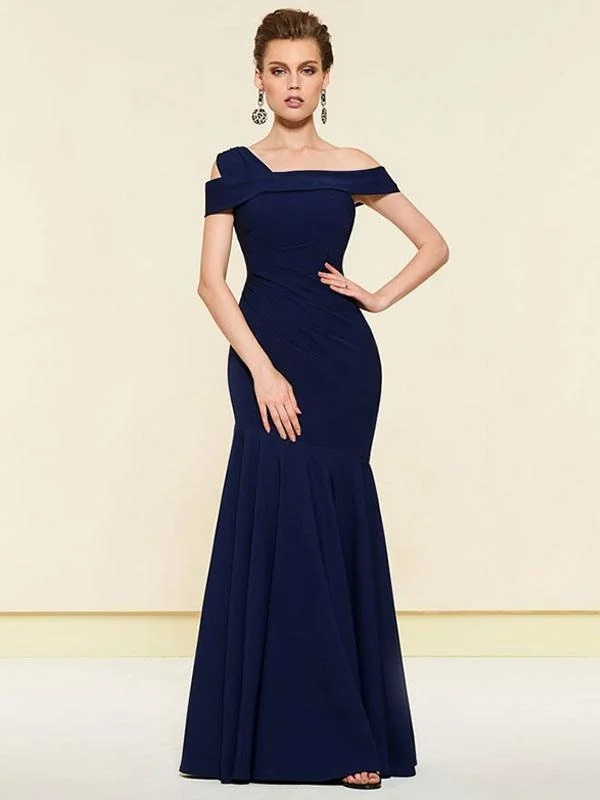 evening dress for parties-New Navy Blue Evening Dress Mermaid Bateau Neck Stretch Crepe Pleated Formal Dinner Dresses