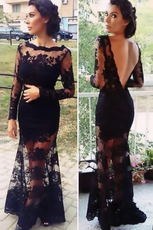 evening dress with ruffles-Newest Sheath Black Lace Prom Evening Dress