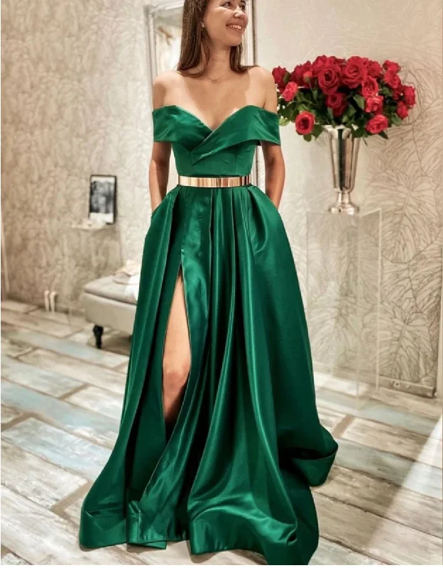 evening dress with illusion back-Off Shoulder Green Prom Dresses with Gold Sash