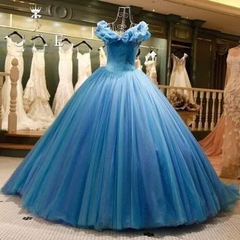 evening dress with pleats-Off the Shoulder Blue Prom Dresses Princess Gown with Butterflies