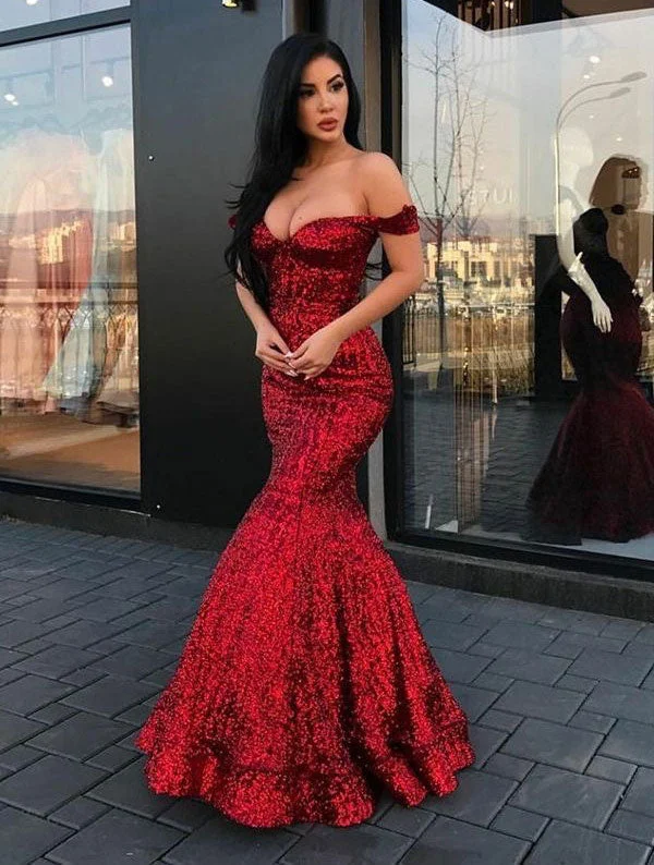 evening dress with mesh-Off the Shoulder Burgundy Prom Dresses Sequins