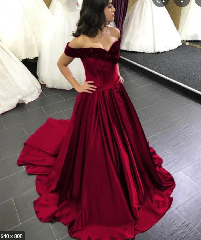 evening dress with lace sleeves-Off the Shoulder Burgundy Prom Dresses