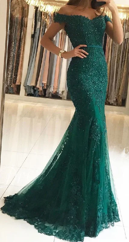 evening dress for bridesmaids-Off the Shoulder Long Prom Dresses with Appliques