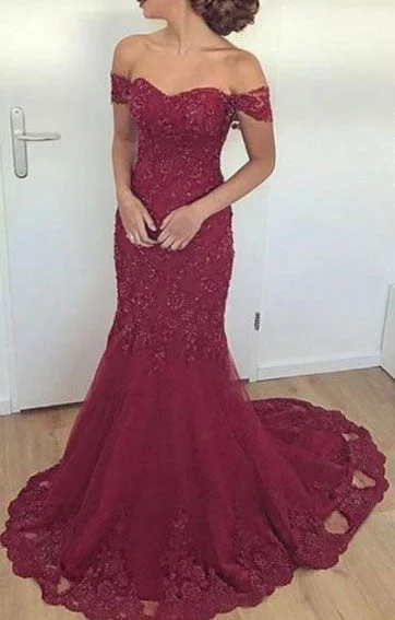 elegant mermaid evening dress-Off the Shoulder Long Prom Dresses with Appliques