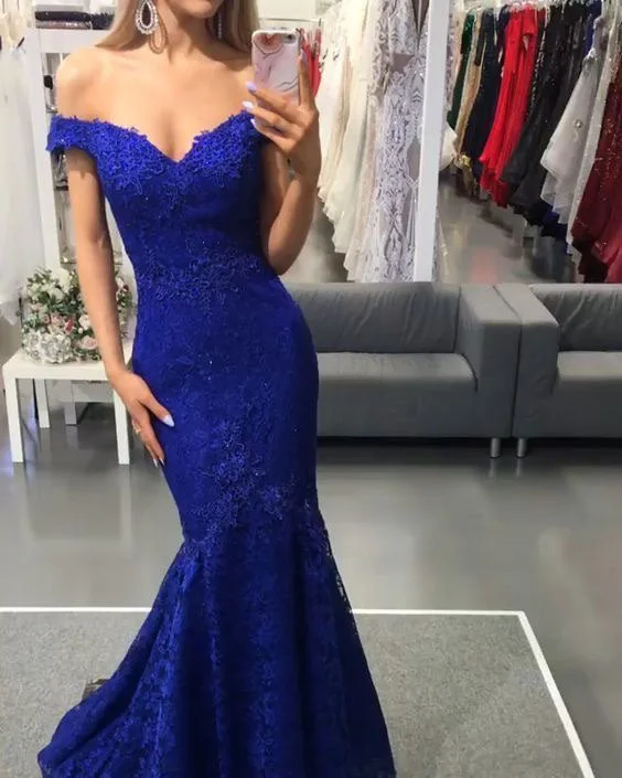 evening dress with appliques-Off the Shoulder Mermaid Prom Dresses with Appliques